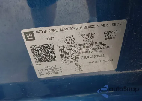 2018 Chevrolet Silverado 1500 1Lt from USA, damaged, VIN 3GCPCREC6JG280551